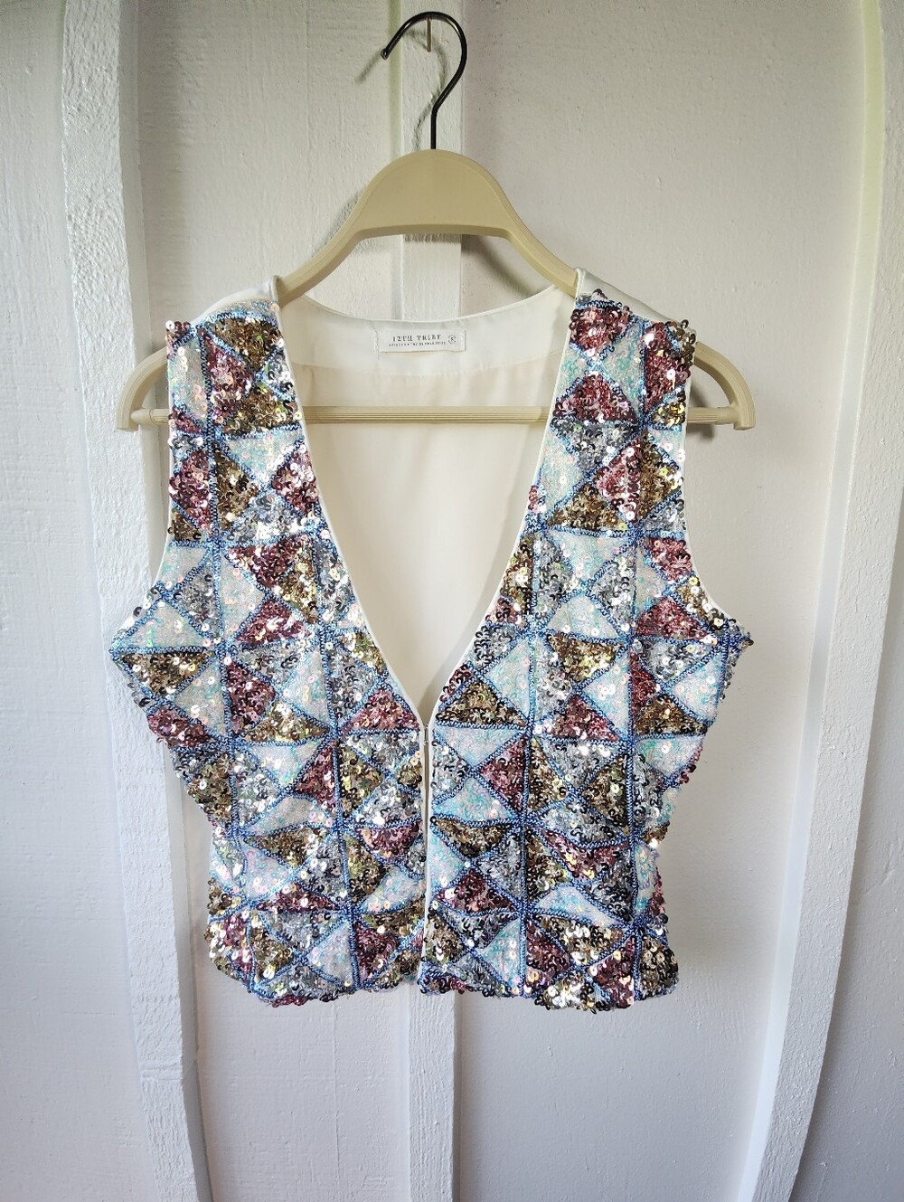 12TH TRIBE Nixie Multicolor Sequin Vest Geometric Cropped Size Small - Picture 2 of 13